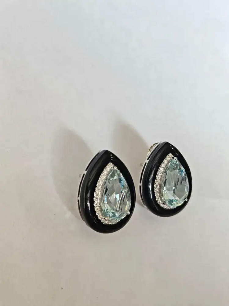Pear Shape Aquamarine Stud Earrings - 18k White Gold Diamond Handmade Earrings