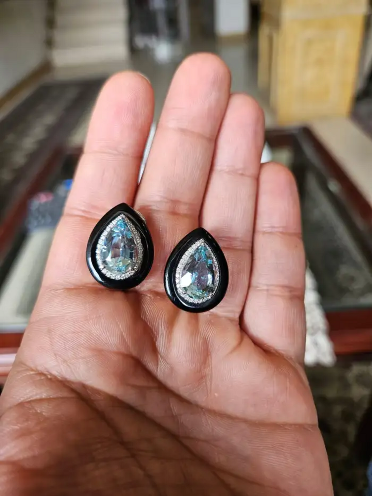 Pear Shape Aquamarine Stud Earrings - 18k White Gold Diamond Handmade Earrings