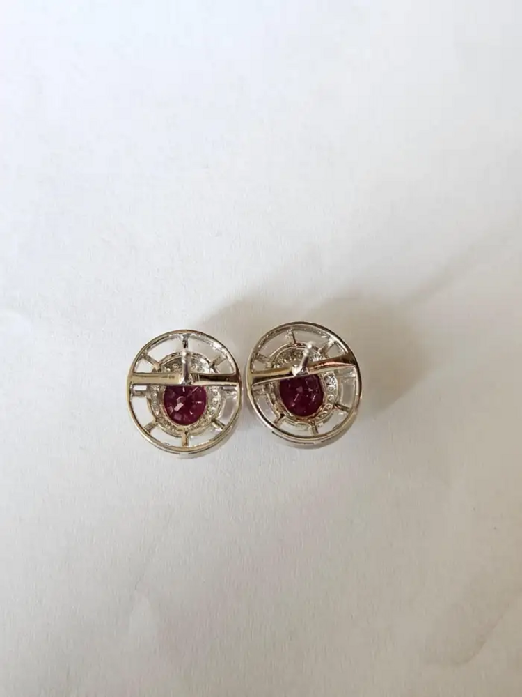 18k White Gold Diamond Stud Earrings - Natural Rubellite & Rock Crystal Earrings