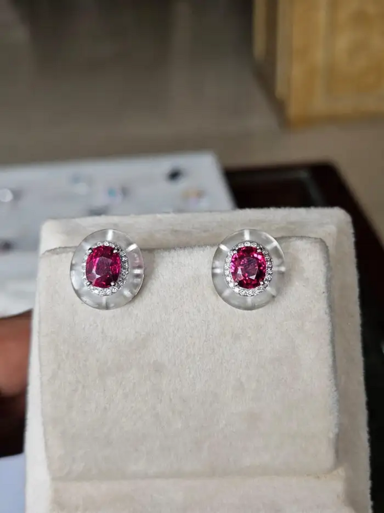 18k White Gold Diamond Stud Earrings - Natural Rubellite & Rock Crystal Earrings