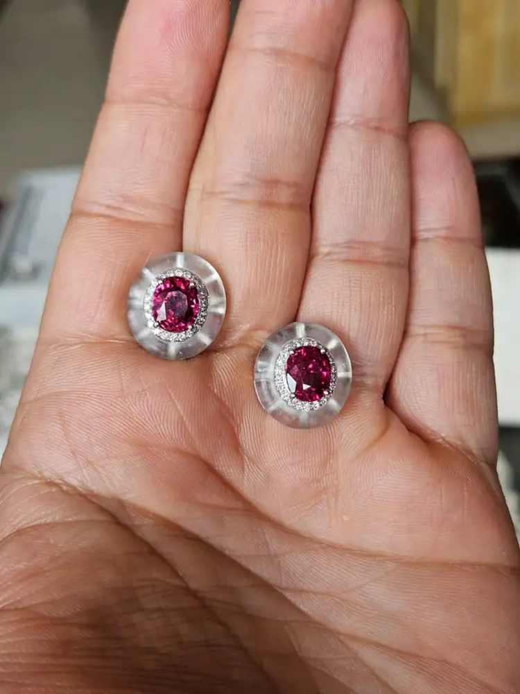 18k White Gold Diamond Stud Earrings - Natural Rubellite & Rock Crystal Earrings