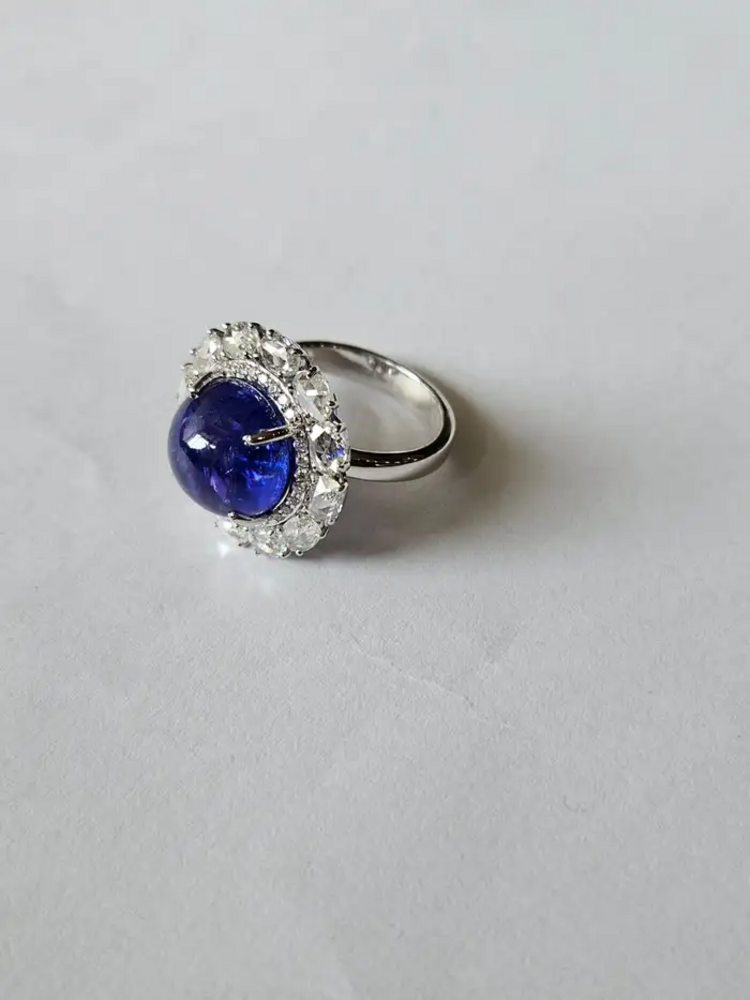 Natural Round Tanzanite & Rose Cut Diamond Cocktail Ring - 18k White Gold Anniversary Gift Ring