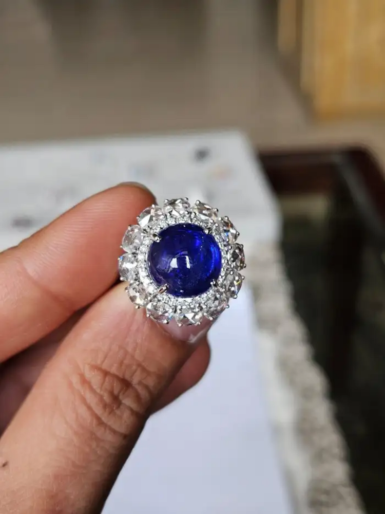 Natural Round Tanzanite & Rose Cut Diamond Cocktail Ring - 18k White Gold Anniversary Gift Ring