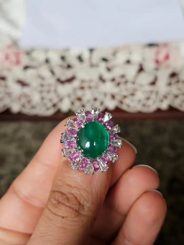 Solid 18k White Gold Handmade Cocktail Ring - Natural Zambian Emerald & Pink Sapphire Ring
