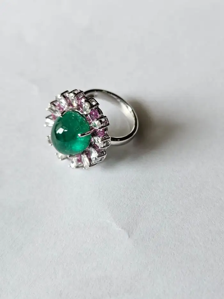 Solid 18k White Gold Handmade Cocktail Ring - Natural Zambian Emerald & Pink Sapphire Ring