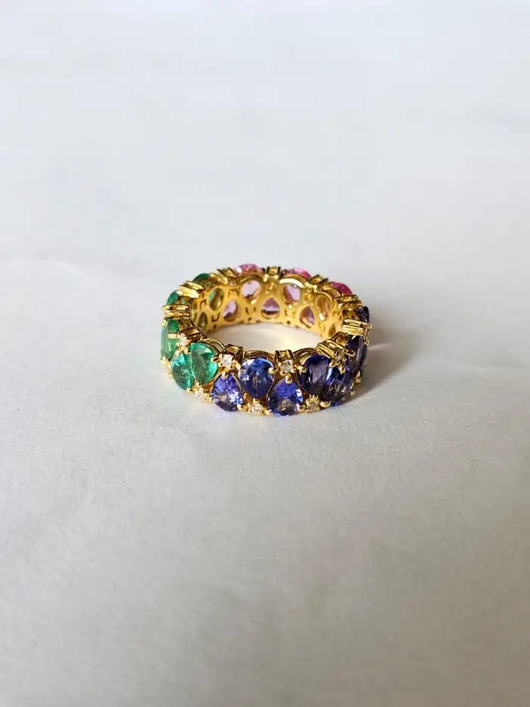 Natural Pink Sapphire, Zambian Emerald & Tanzanite Band Ring - 18k Yellow Gold Diamond Wedding Ring