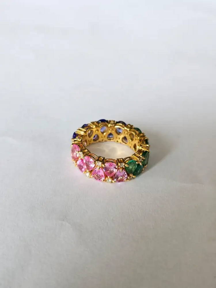 Natural Pink Sapphire, Zambian Emerald & Tanzanite Band Ring - 18k Yellow Gold Diamond Wedding Ring