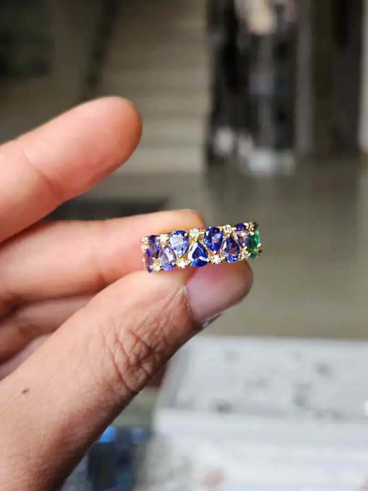 Natural Pink Sapphire, Zambian Emerald & Tanzanite Band Ring - 18k Yellow Gold Diamond Wedding Ring
