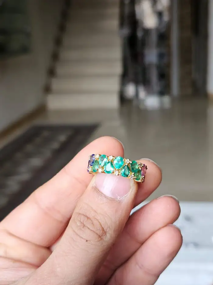 Natural Pink Sapphire, Zambian Emerald & Tanzanite Band Ring - 18k Yellow Gold Diamond Wedding Ring