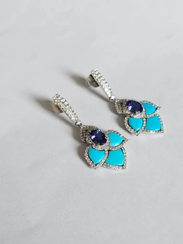 18k White Gold Turquoise & Tanzanite Dangle Earrings - Natural Diamond Earrings