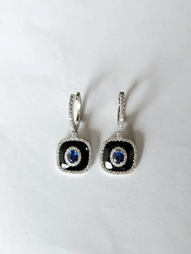 Natural Blue Sapphire & Black Onyx Earrings - 18k White Gold Diamond Earrings