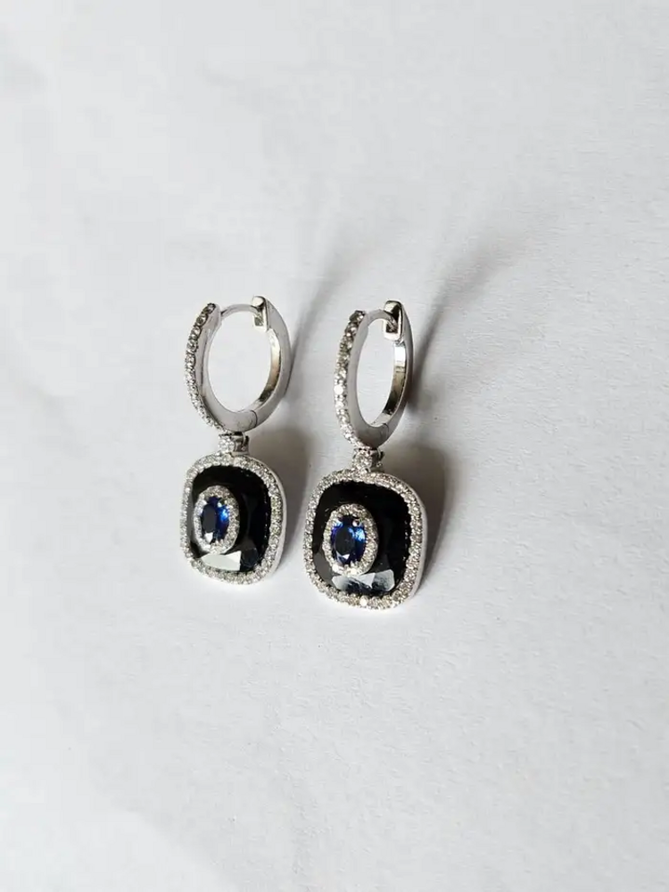 Natural Blue Sapphire & Black Onyx Earrings - 18k White Gold Diamond Earrings