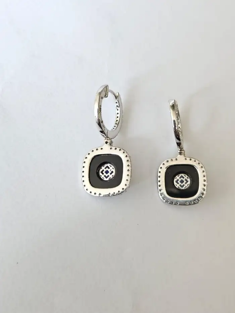 Natural Blue Sapphire & Black Onyx Earrings - 18k White Gold Diamond Earrings