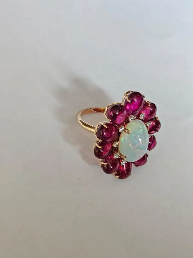 Natural Ethiopian Opal & Tourmaline Cocktail Ring - 18k White Gold Diamond Ring
