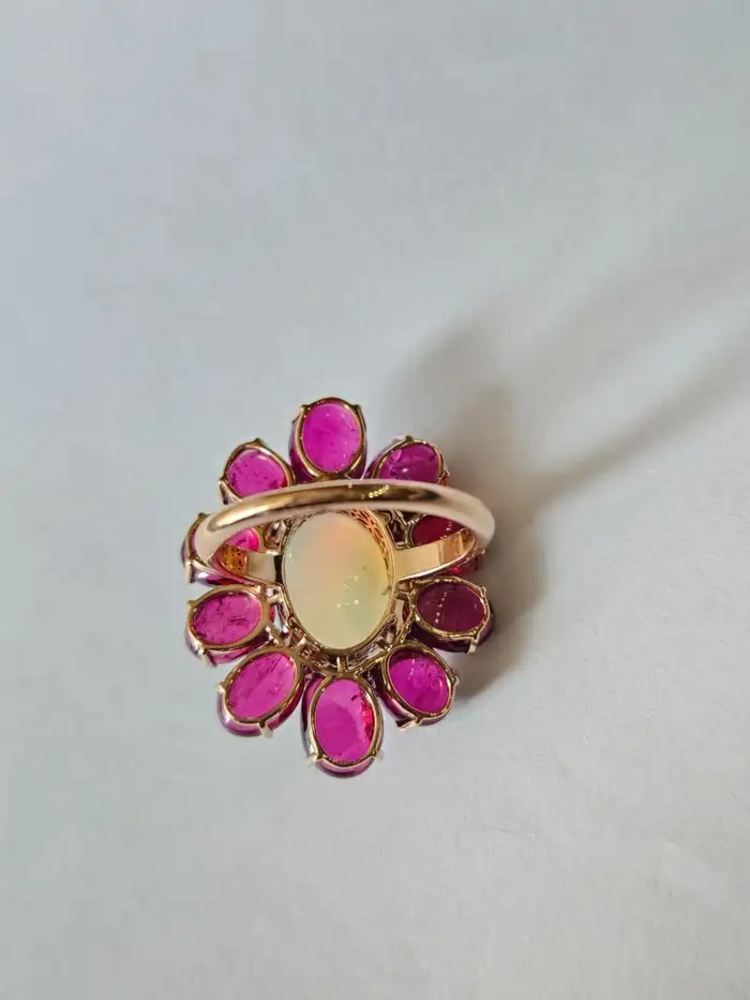 Natural Ethiopian Opal & Tourmaline Cocktail Ring - 18k White Gold Diamond Ring