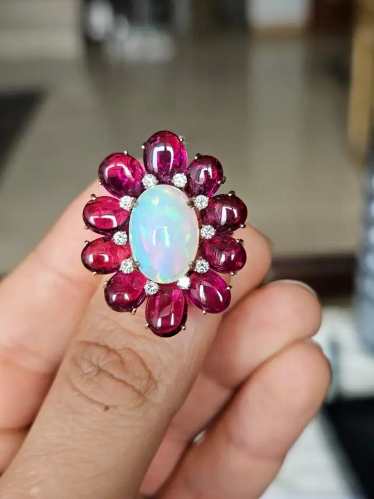 Natural Ethiopian Opal & Tourmaline Cocktail Ring - 18k White Gold Diamond Ring