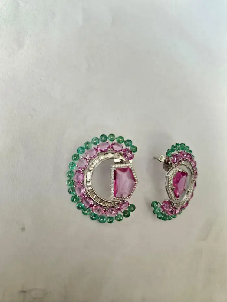 11.33 Ct. Pink Sapphire & Emerald Gemstone Stud Earrings - 18k White Gold Diamond Earrings