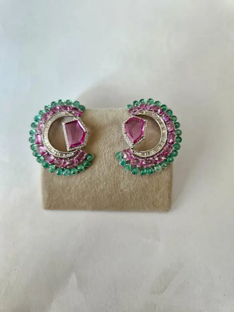 11.33 Ct. Pink Sapphire & Emerald Gemstone Stud Earrings - 18k White Gold Diamond Earrings