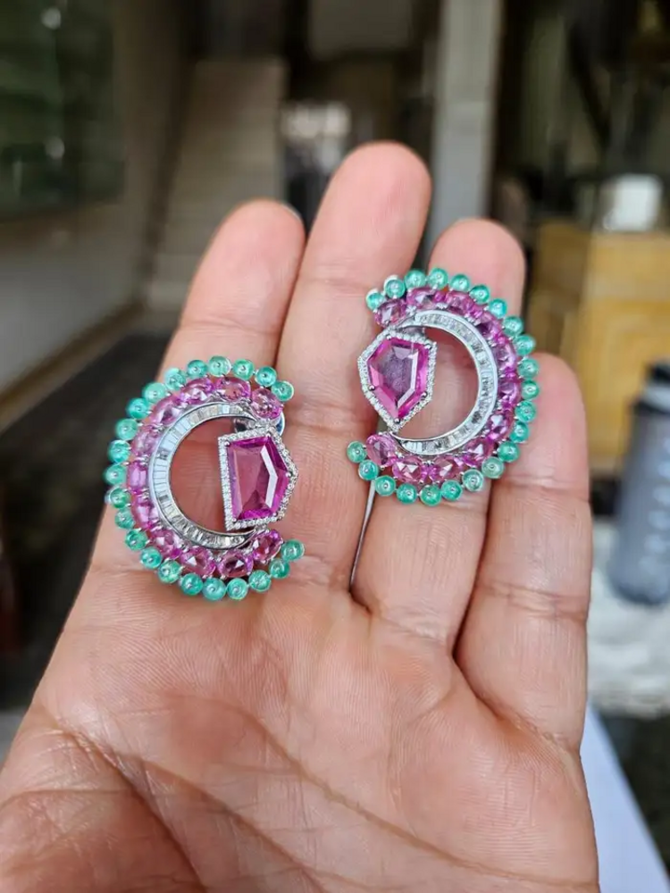 11.33 Ct. Pink Sapphire & Emerald Gemstone Stud Earrings - 18k White Gold Diamond Earrings