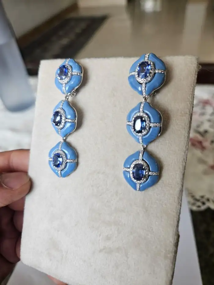 Natural Ceylon Blue Sapphire & Blue Opal Dangle Earrings - 18k White Gold Diamond Women Earrings