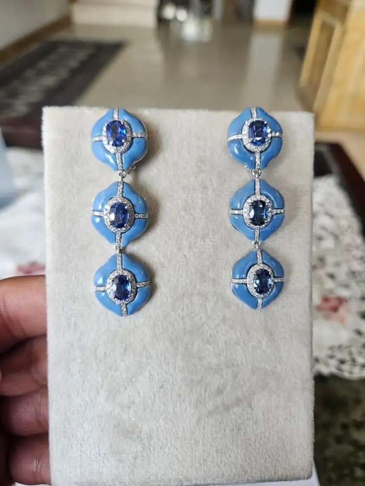 Natural Ceylon Blue Sapphire & Blue Opal Dangle Earrings - 18k White Gold Diamond Women Earrings