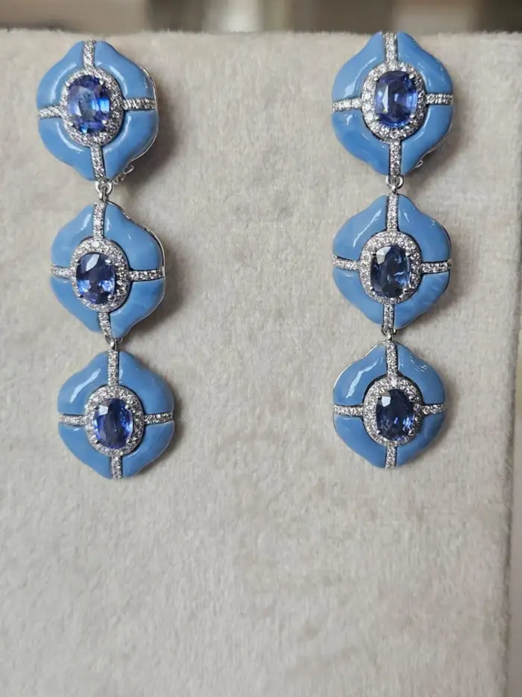 Natural Ceylon Blue Sapphire & Blue Opal Dangle Earrings - 18k White Gold Diamond Women Earrings