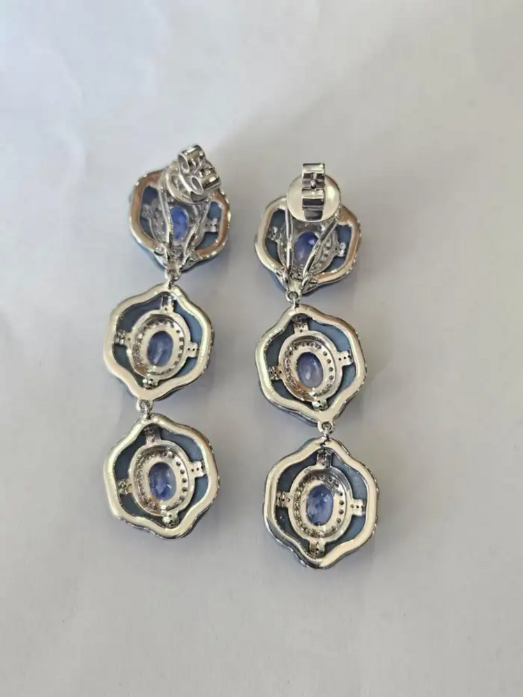 Natural Ceylon Blue Sapphire & Blue Opal Dangle Earrings - 18k White Gold Diamond Women Earrings