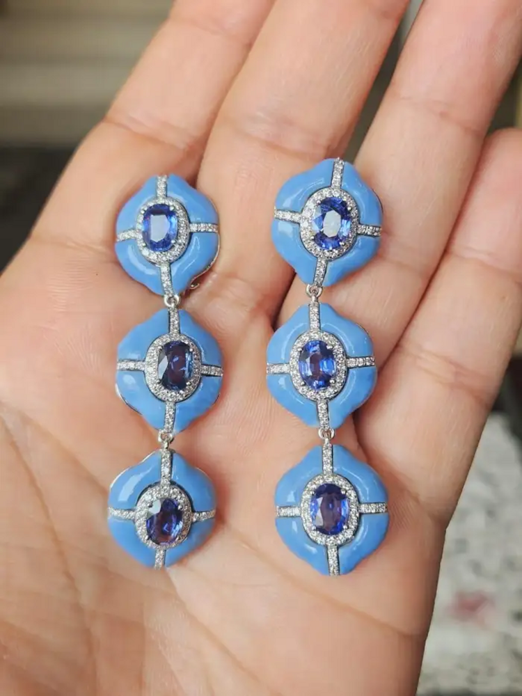 Natural Ceylon Blue Sapphire & Blue Opal Dangle Earrings - 18k White Gold Diamond Women Earrings