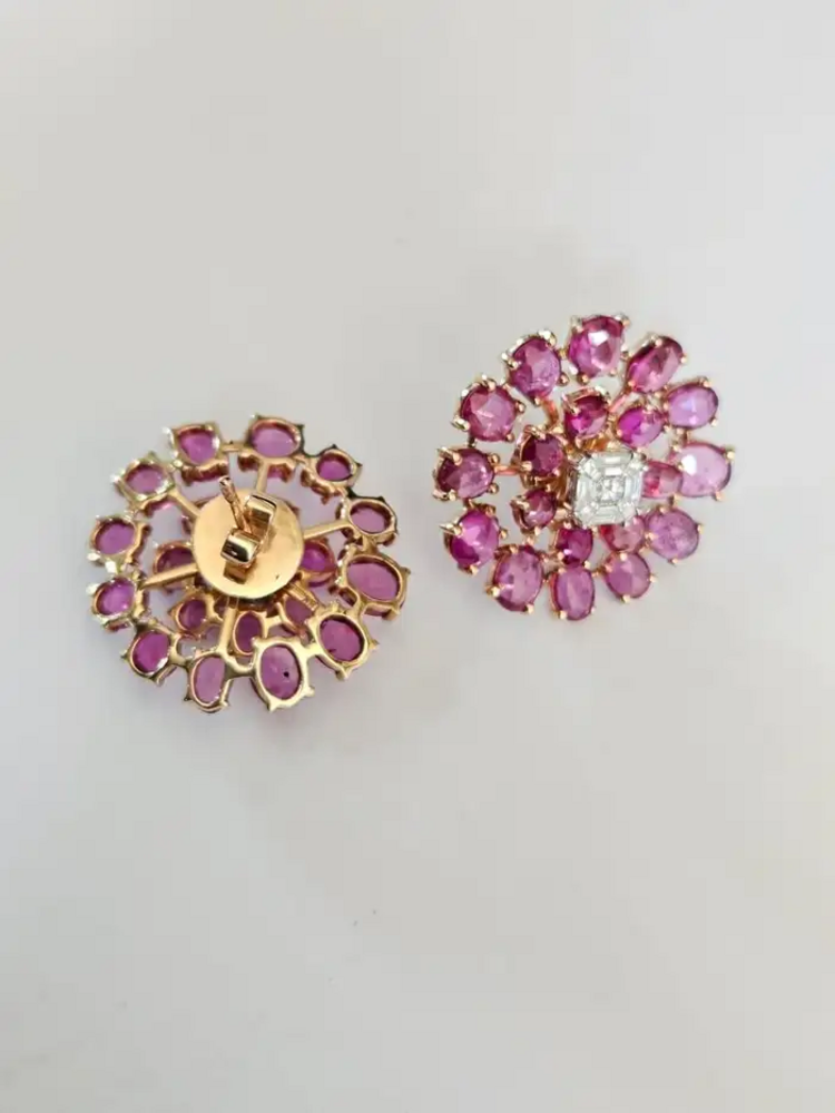 Natural Ceylon Pink Sapphire Floral Stud Earrings - 18k Rose Gold Diamond Stud Earrings