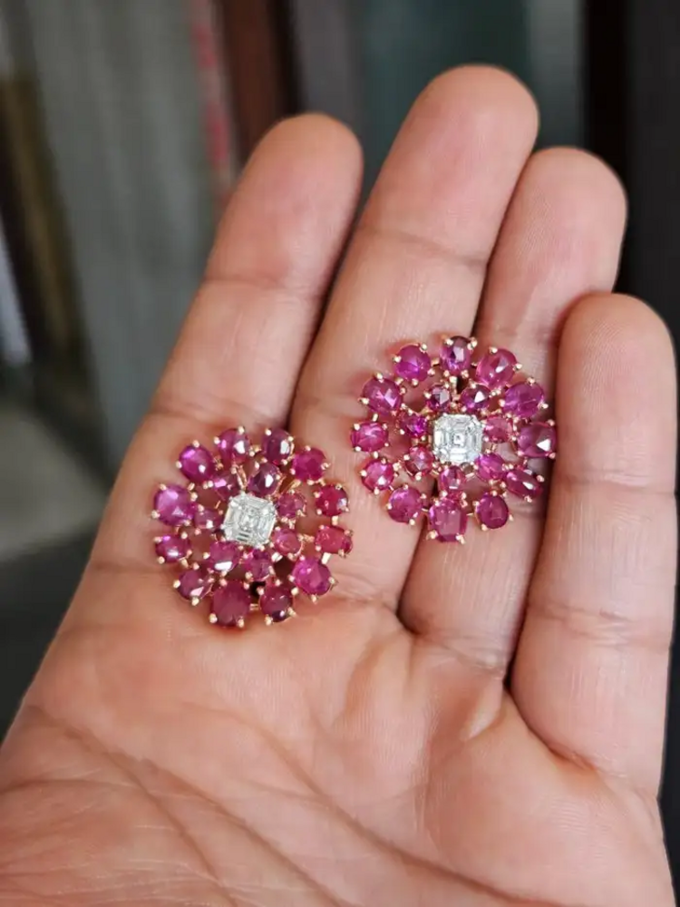Natural Ceylon Pink Sapphire Floral Stud Earrings - 18k Rose Gold Diamond Stud Earrings