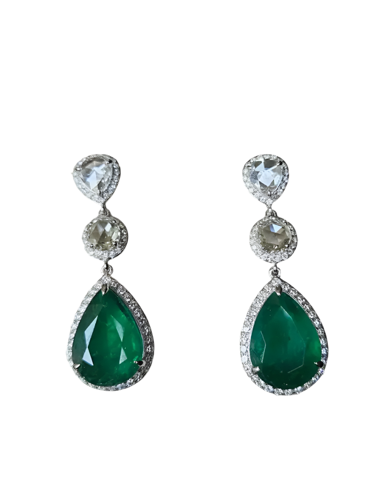 12.36 Ct. Natural Zambian Emerald Dangle Gold Earrings - 18k White Gold & Rose Cut Diamond Earrings