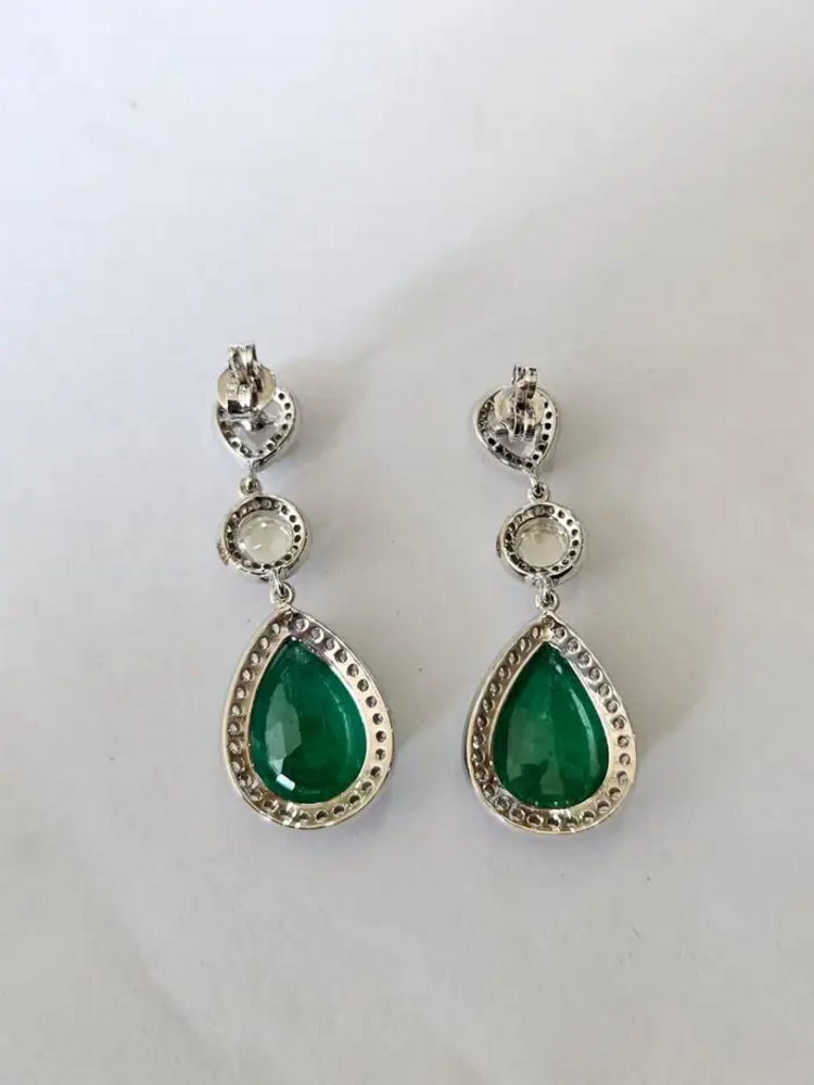 12.36 Ct. Natural Zambian Emerald Dangle Gold Earrings - 18k White Gold & Rose Cut Diamond Earrings