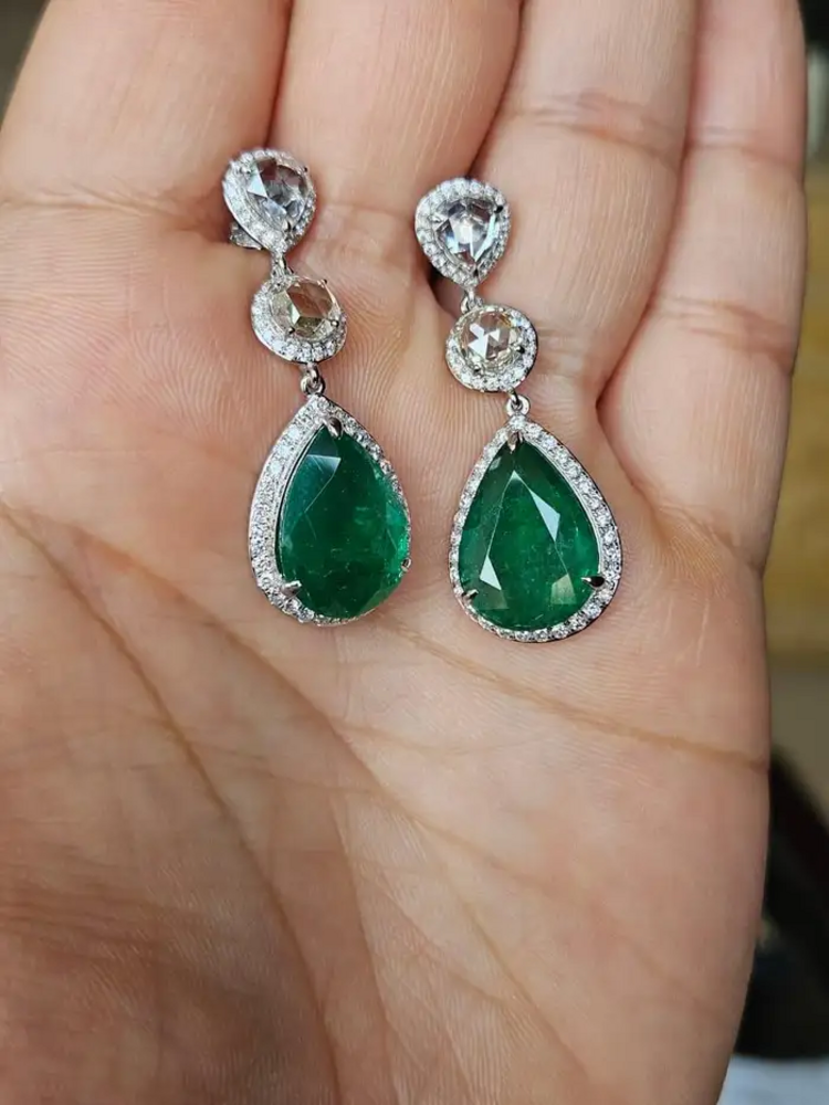 12.36 Ct. Natural Zambian Emerald Dangle Gold Earrings - 18k White Gold & Rose Cut Diamond Earrings