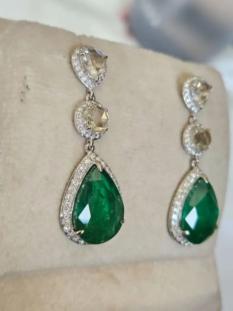 12.36 Ct. Natural Zambian Emerald Dangle Gold Earrings - 18k White Gold & Rose Cut Diamond Earrings