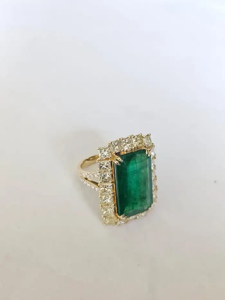 Natural Zambian Emerald Engagement Ring - 18k Yellow Gold & Yellow Diamond Beautiful Wedding Ring