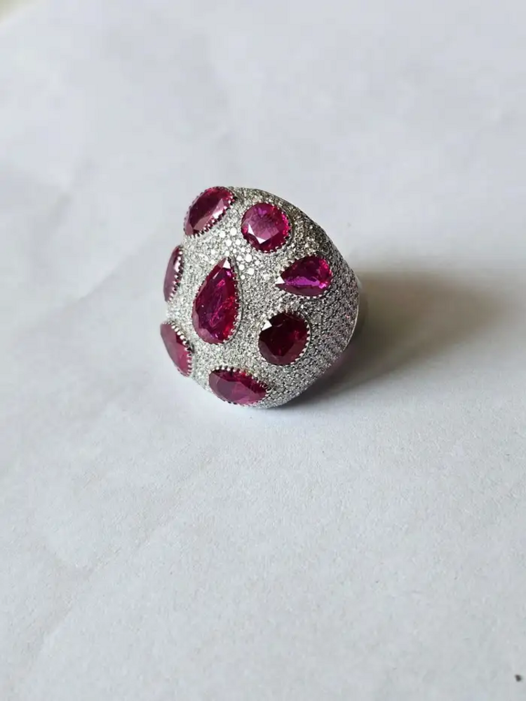 Natural Mozambique Ruby & Diamond Dome Ring - 18k White Gold Handmade Statement Ring