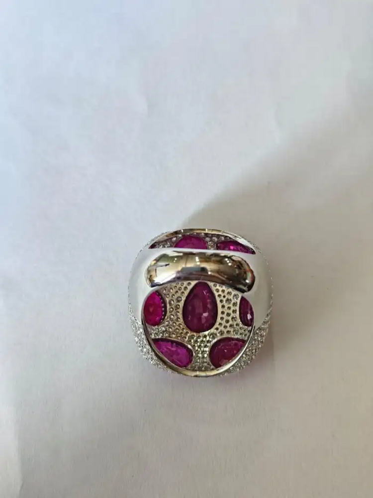 Natural Mozambique Ruby & Diamond Dome Ring - 18k White Gold Handmade Statement Ring