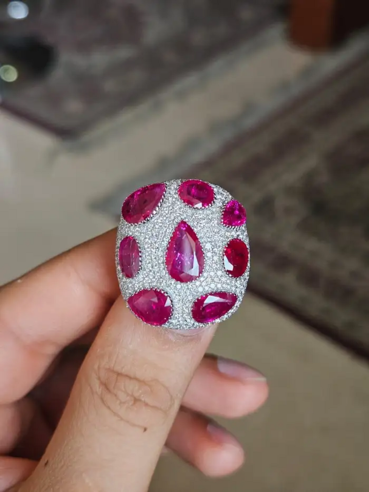 Natural Mozambique Ruby & Diamond Dome Ring - 18k White Gold Handmade Statement Ring