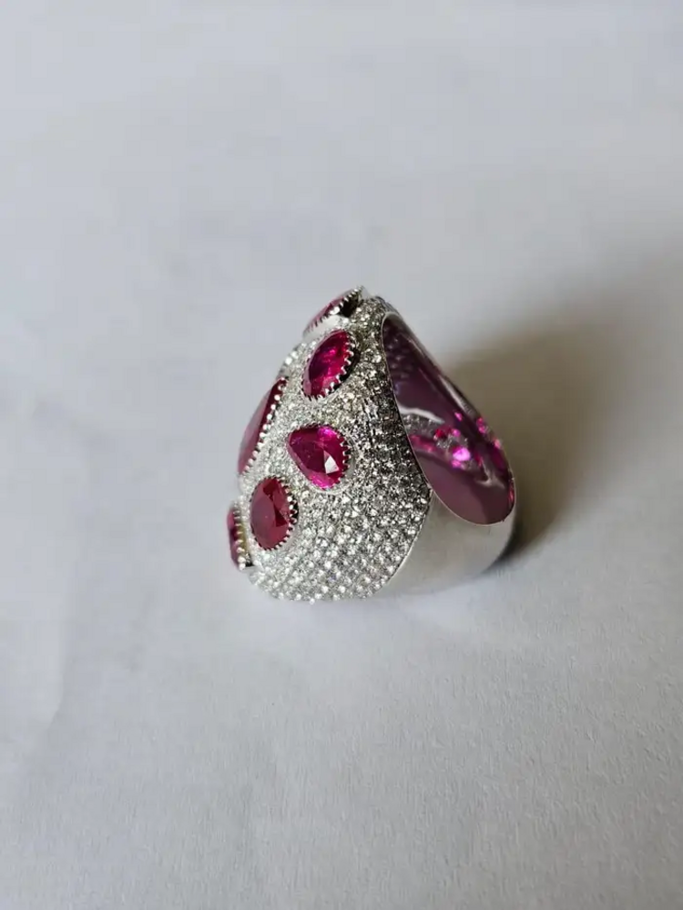 Natural Mozambique Ruby & Diamond Dome Ring - 18k White Gold Handmade Statement Ring