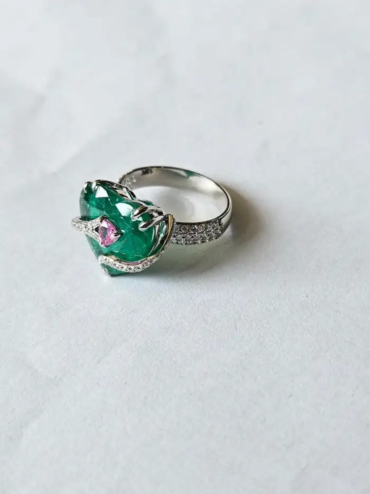 Heart Shape Zambian Emerald Gold Ring - 18k White Gold & Pink Sapphire Engagement Ring