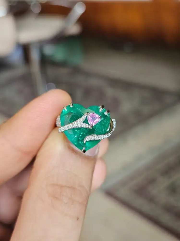 Heart Shape Zambian Emerald Gold Ring - 18k White Gold & Pink Sapphire Engagement Ring