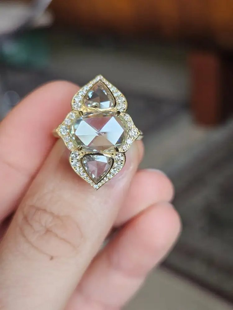 18k White Gold Art Deco Style Ring - Natural Rose Cut Diamond Engagement Ring