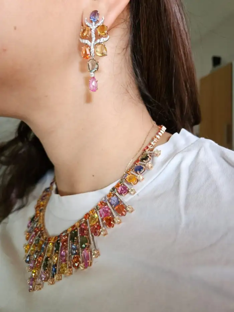 18k Rose Gold Necklace Earrings Set - Natural Multi Sapphire & Diamond Wedding Jewelry