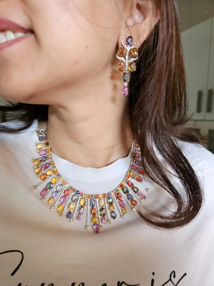 18k Rose Gold Necklace Earrings Set - Natural Multi Sapphire & Diamond Wedding Jewelry