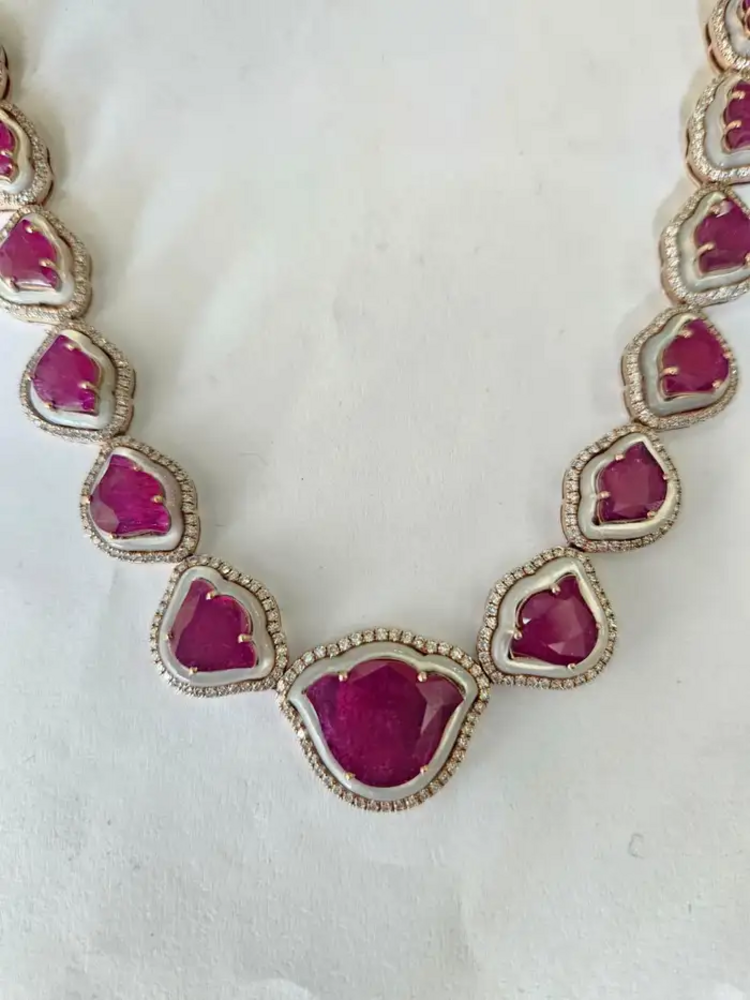 Tulip cut Mozambique Ruby & Mother Of Pearl Necklace Earrings Set - 18k Rose Gold Diamond Necklace Earrings