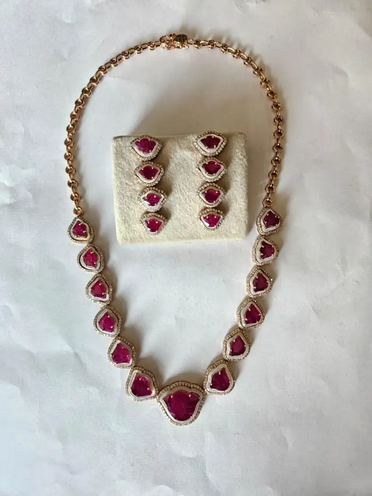 Tulip cut Mozambique Ruby & Mother Of Pearl Necklace Earrings Set - 18k Rose Gold Diamond Necklace Earrings
