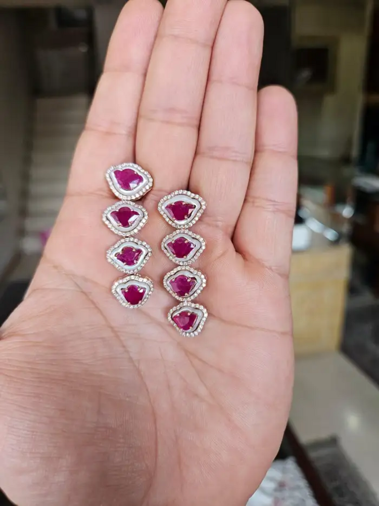 Tulip cut Mozambique Ruby & Mother Of Pearl Necklace Earrings Set - 18k Rose Gold Diamond Necklace Earrings