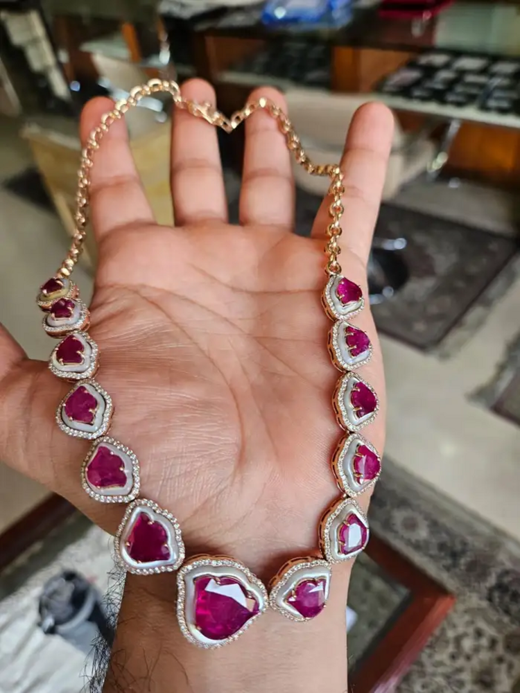 Tulip cut Mozambique Ruby & Mother Of Pearl Necklace Earrings Set - 18k Rose Gold Diamond Necklace Earrings
