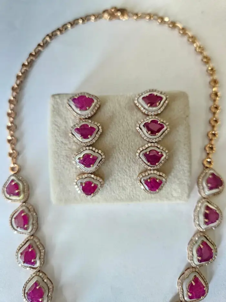 Tulip cut Mozambique Ruby & Mother Of Pearl Necklace Earrings Set - 18k Rose Gold Diamond Necklace Earrings