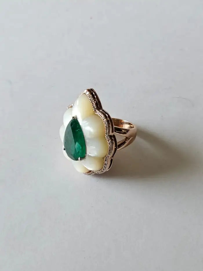 Natural Zambian Emerald & Mother of Pearl Cocktail Ring - 18k Yellow Gold Diamond Wedding Ring
